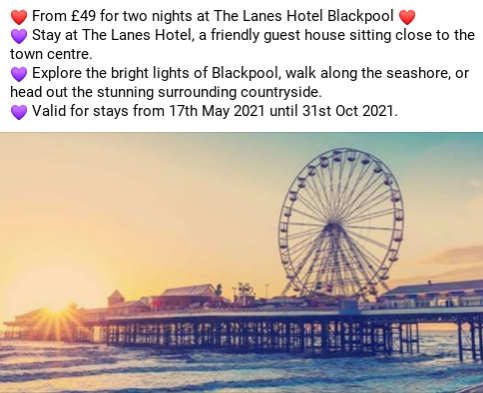 ❤ From £49 for two nights at The Lanes Hotel Blackpool ❤ #Blackpool #Hotels #staycation #Lancashire #UK 
➡️➡️ tidd.ly/3my1mlE