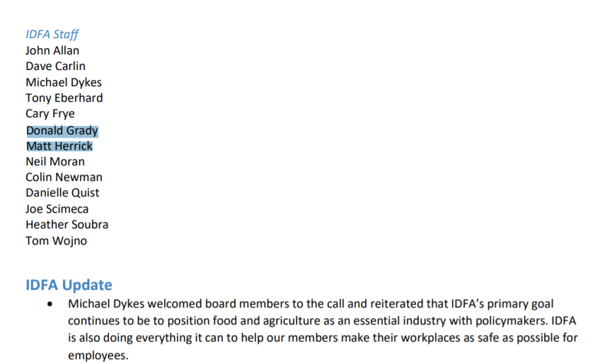 And IDFA routinely lobbies the USDA directly.In fact, IDFA's lobbyists worked directly with Herrick on several IDFA boards, IDFA records show.