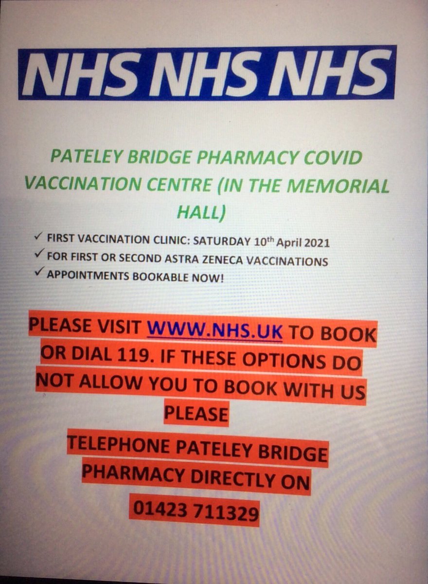 suzehu💙 (@suzehu) on Twitter photo <a href="/nidderdaleuk/">Pateley & Nidderdale</a> <a href="/Pateley_Bridge/">Pateley Bridge</a>
Pateley Bridge & surrounding area finally has its own much needed vaccine centre run by Dr Lewis Caplin & Pharmacist Samina Khan. Please retweet! <a href="/nidderdaleuk/">Pateley & Nidderdale</a> <a href="/Pateley_Bridge/">Pateley Bridge</a>
Pateley Bridge & surrounding area finally has its own much needed vaccine centre run by Dr Lewis Caplin & Pharmacist Samina Khan. Please retweet!