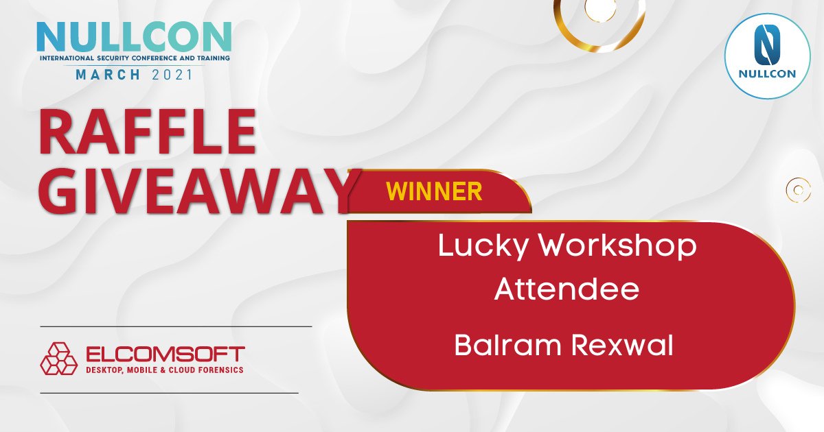 nullcon's tweet image. 😎We had some amazing Raffle giveaways this Nullcon March 2021 &amp;amp; the lucky 🏆winner for attending Nullcon Workshop, prize sponsored by @ElcomSoft is Balram Rexwal @balramrexwal01 

🎉Congratulations !! 

#Nullcon2021 #Elcomsoft
