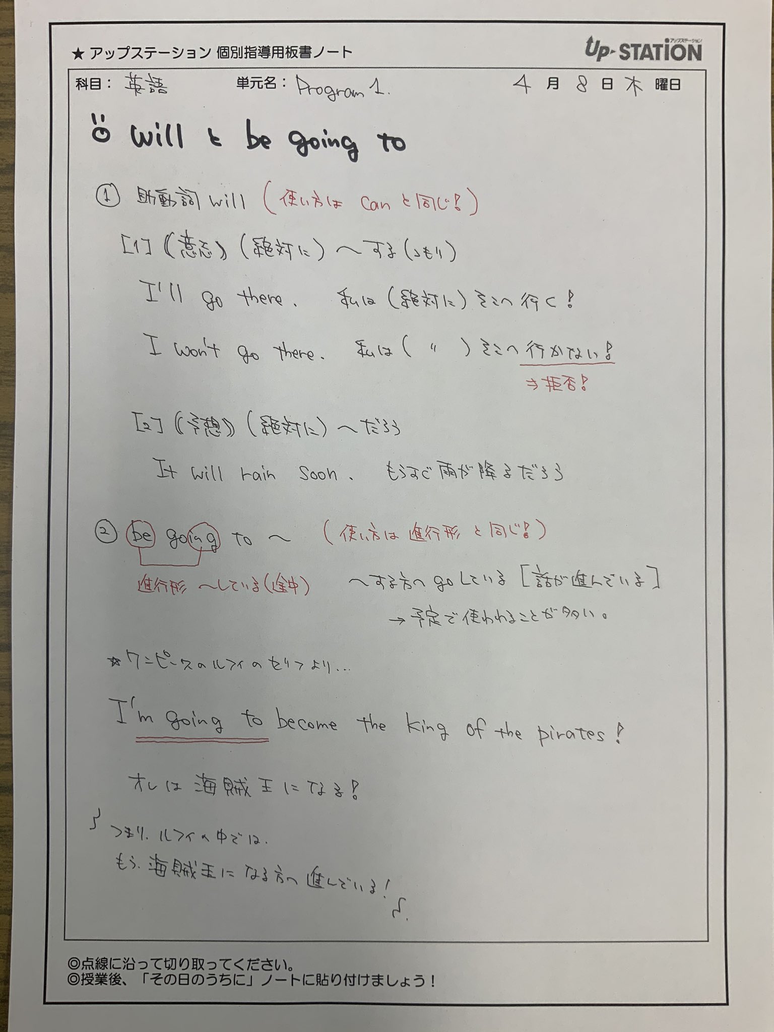 個別指導塾 アップステーション 中2英語 Will と Be Going To 新しい教科書内容の先取り授業 Will と Be Going To の違いがよくわからないという質問をよくされます 英語版ワンピースでは 俺は海賊王になる I M Going To Become The King Of