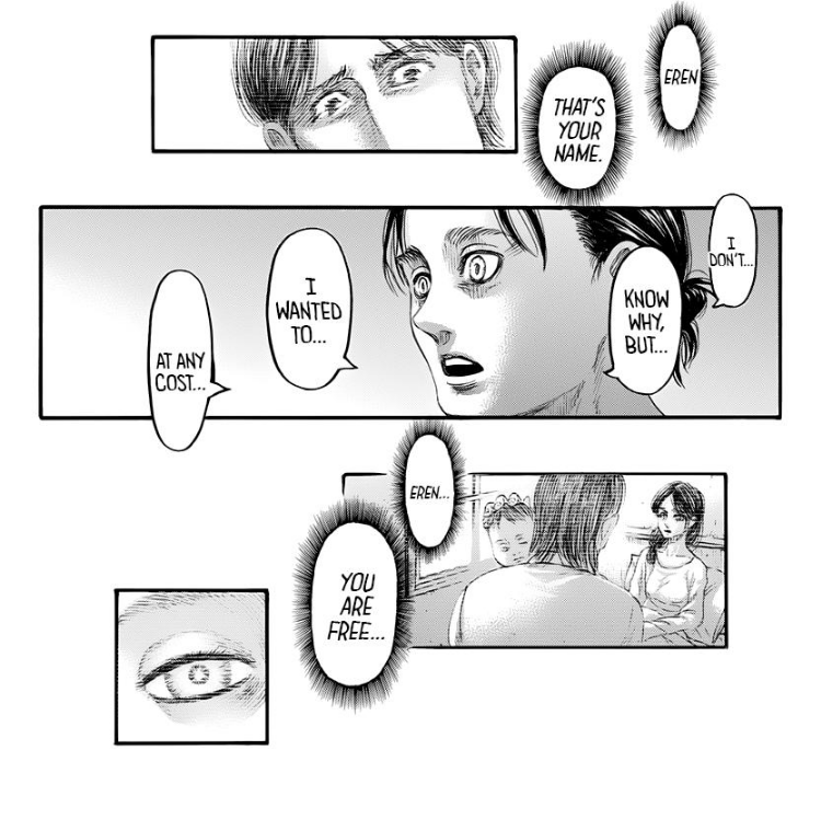 I always believed that the Rumbling was something he wanted to do, and I mean that in the sense of experiencing freedom, not killing people, and I think that that is what these pages are trying to tell me.  #aot139spoiler