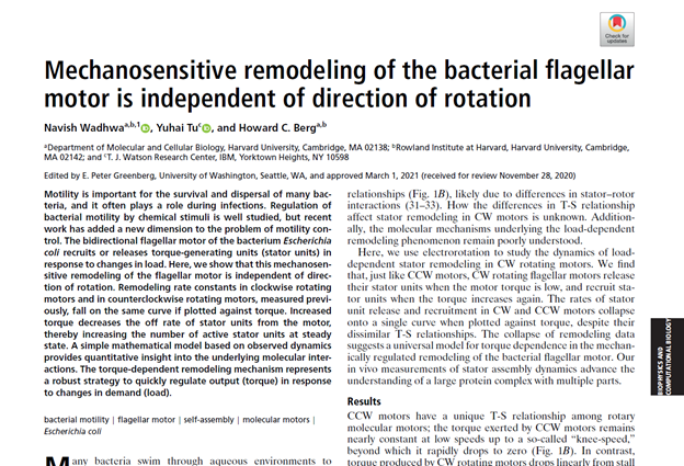 Excited to share our latest work, just out in PNAS, in which we show that mechano-adaptation in the bacterial flagellar motor is independent of its direction of rotation. A step closer towards understanding nature’s most marvelous nanomachine pnas.org/content/118/15…