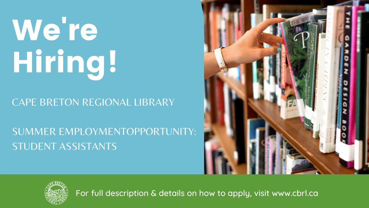 Come work with us this summer!
The library is now accepting applications for summer student positions at branches in Baddeck, Ingonish, Glace Bay, and Sydney. Find out more and apply by visiting our website: cbrl.ca/about/employme…