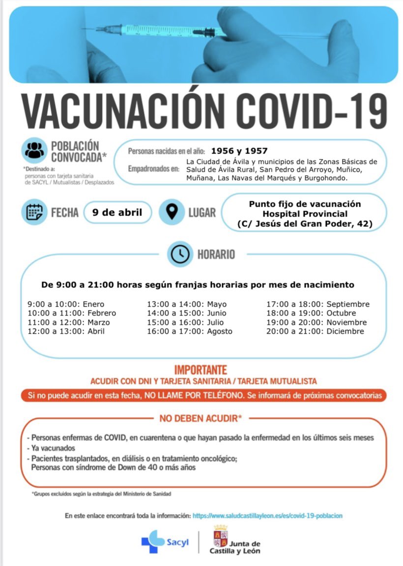 La <a href="/jcyl/">Junta de Castilla y León</a> retoma la vacunación con #AstraZeneca mañana viernes en #Avila. Los nacidos en 1956 y en 1957 están llamados a partir de las 9 de la mañana al hospital provincial, pero OJO!!!! al horario que corresponde a cada mes de nacimiento 
👇👇👇👇👇👇👇👇👇👇👇