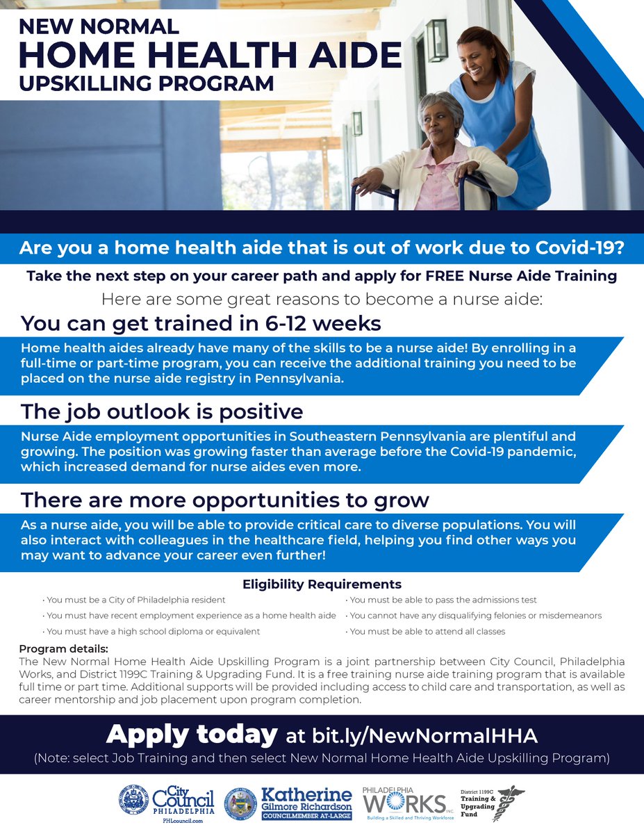 Are you a home health aide out of work due to Covid-19? Apply today for a FREE nurse aide training through <a href="/1199CTraining/">1199C Training Fund</a>! Go to bit.ly/NewNormalHHA