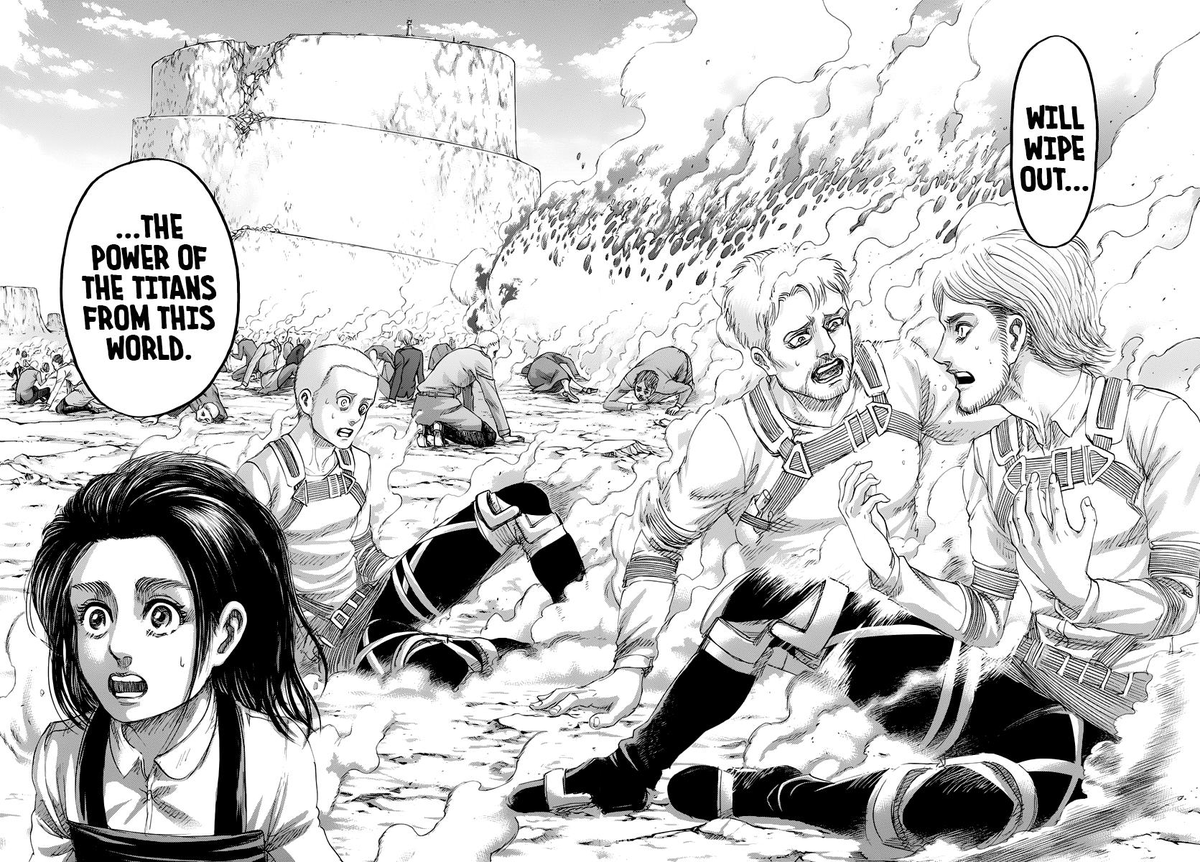 Like I said, I knew this would happen, but the logic behind it is unsubstantiated which makes them turning into titans in 138 look like a cheap fakeout.  #aot139spoiler