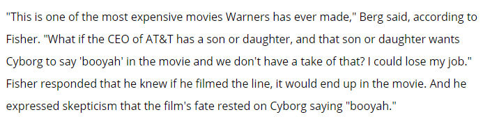 It's like the inverse of the reasoning given by WB JL producer Berg in the THR article for why Cyborg had to say "Booyah" like the cartoon.