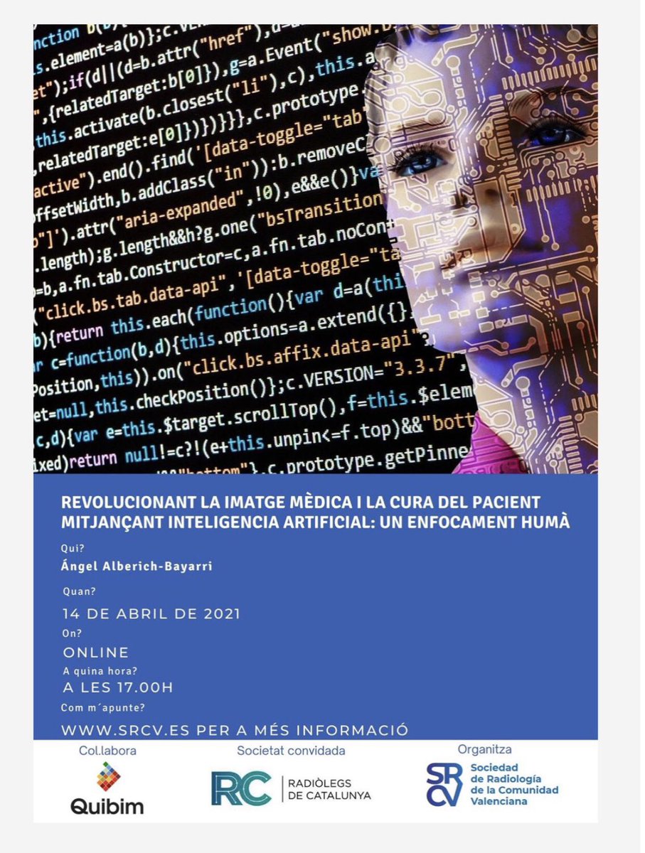 QuibimBiomarker's tweet photo. Inscripción para el #webinar online “Revolucionant la imatge mèdica i la cura del pacient mitjançant #IA: un enfocament humà” de nuestro CEO &amp; Founder @aalberich para la @SRadiologiaCV  y @Radiolegs_CAT 
¡Os esperamos el 14 de abril a las 17h!
https://t.co/hLmkPQWXMv

#radiologia https://t.co/I2hf6n4tBo