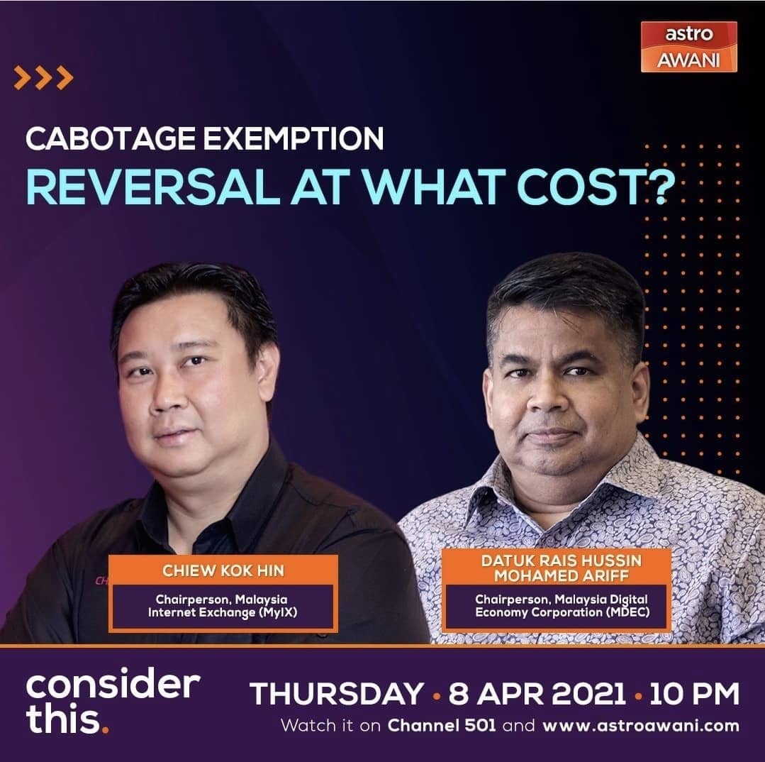 mymdec's tweet photo. Catch @ChairmanMdec, Datuk Wira Dr. Rais Hussin Haji Mohamed Ariff and #MyIX chairperson, Chiew Kok Hin as they discuss the effects of the Cabotage Exemption on @501Awani tonight at 10pm
#MyMDEC https://t.co/KFSi97pYkl https://t.co/2LGaBHzZra