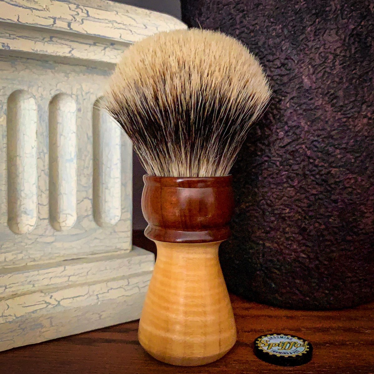 The combination of a curly Maple and roasted Birch wooden handle and a 26mm Two-Band badger knot makes Koan a one of a kind! #shavingbrush #shavebrush #shavingbrushes #spiffo #spiffoman #shaveoftheday #shaving #wetshaving #wetshavers #madeinhalifax #halifax