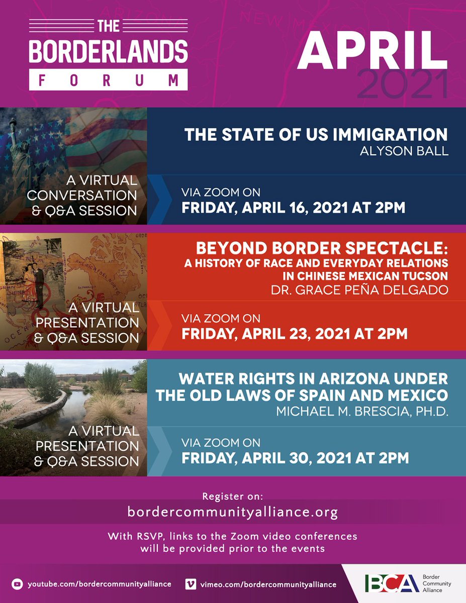 Looking ahead to this month's #BorderlandsForum educational programming - we invite you to join us! Register/info here: bca.z2systems.com/np/clients/bca… #April2021 #nonprofit #BCA #BorderCommunityAlliance #BridgingTheBorder #FosteringCommunity #Education #Collaboration #CulturalExchange