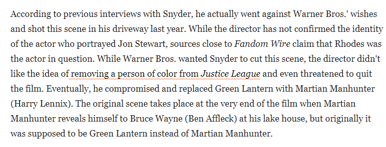 John Stewart was in the cartoon too! During the Snyder Cut reshoots Snyder actually shot a scene with John Stewart played by, according to rumor, Trevante Rhodes. WB refused to let it in the film.