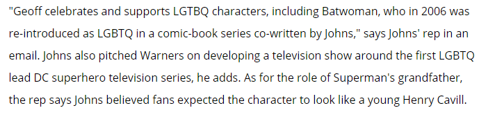 He takes credit for co-writing a comic about lesbian superhero Batwoman. Truth is that the comic was an anthology with 5 writers. The actual writer of Batwoman's segments was Greg Rucka. Every comic fans knows this but he told the lie anyway because he knew they wouldn't check.
