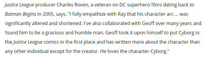 Also, Johns suggests that he was personally responsible for bringing Cyborg into the Justice League property. The implication is that a racist wouldn't go out of their way to add a black character to a big comic. This claim seems entirely disconnected from reality.