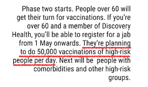 "They're planning to do 50,000 vaccinations of high-risk people per day."When this plan "kicked off" (spoiler: it didn't) in January they were "planning on doing 120,000 per day". Anyone know how that's going? It's not going at all, that's how.