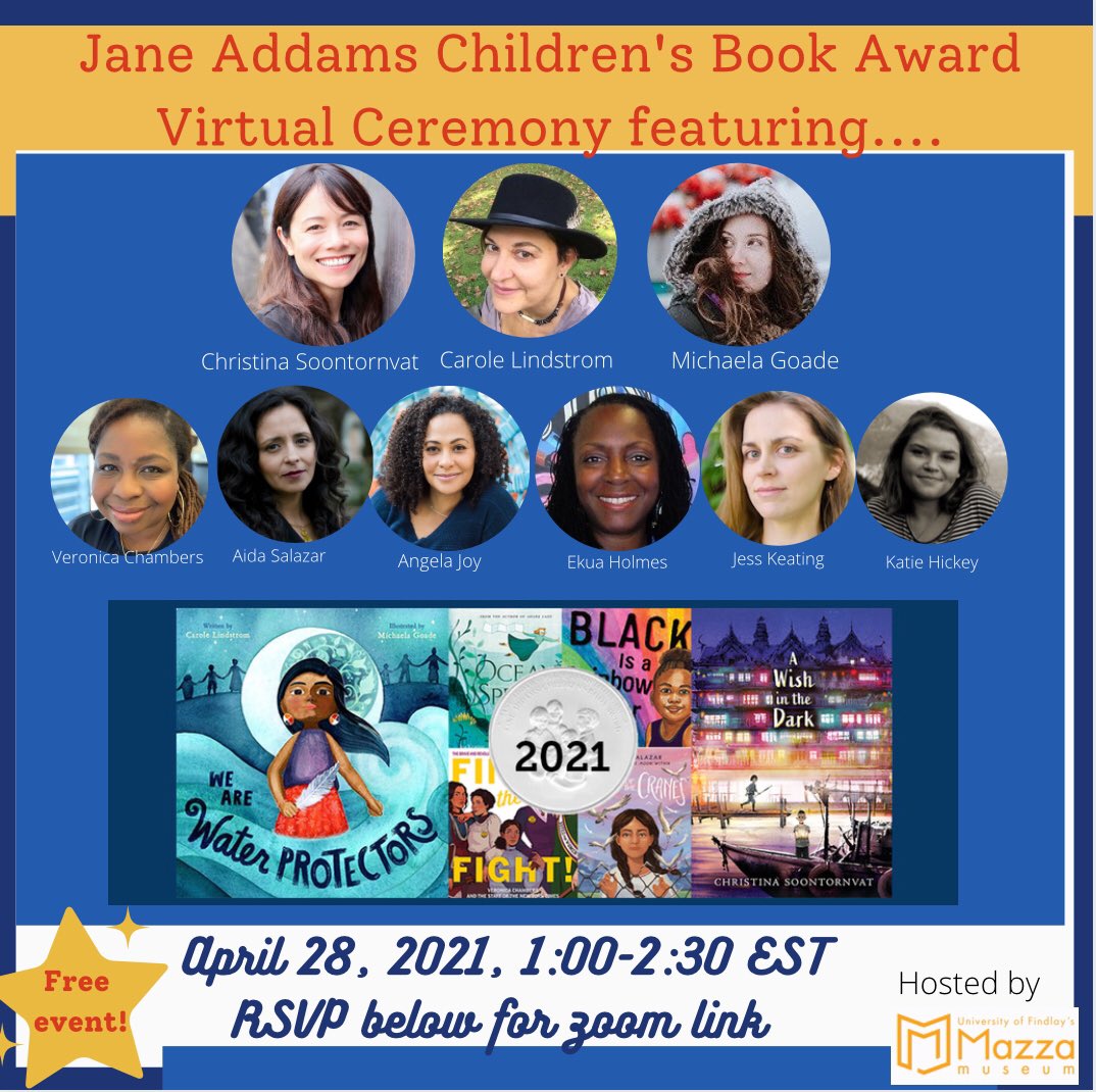 janeaddamspeace's tweet photo. 20 days until theJane Addams Children’s Book Award Ceremony
on April 28 at 1:00 EST 
-Addresses from award recipients 
-Award presentations
-Q &amp; A
Hosted by @mazzamuseum

RSVP link here:
https://t.co/JybIxoQcsW

#JaneAddamsPeaceBooks #Socialjusticebooks #bookschangelives #kidlit https://t.co/m0LYHS072A