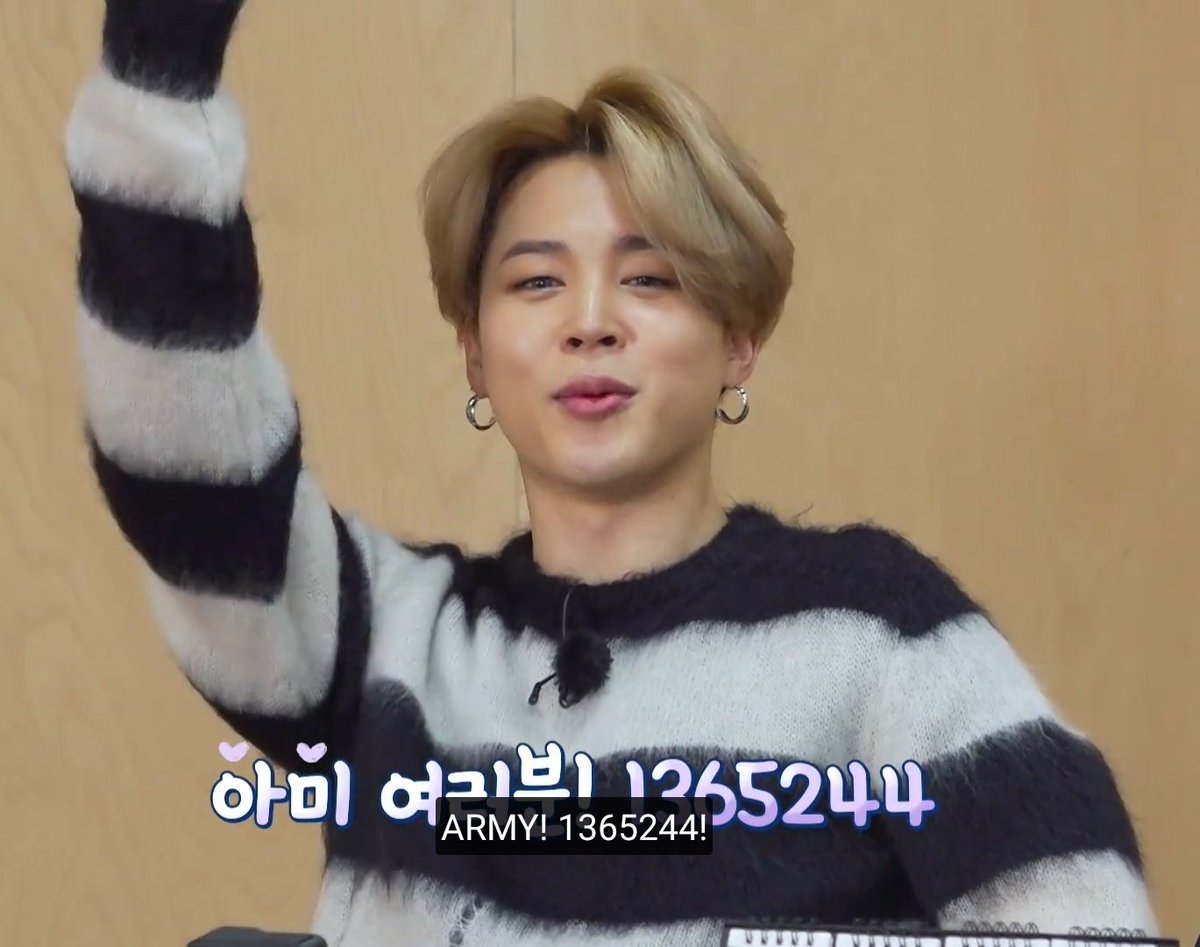 no último episódio do run precisam desvendar o código 1364244o jimin falou "ARMY, 1364244 " denominado: "eu te amo 24 horas por dia e 365 dias por ano" a declaração diferenciada 