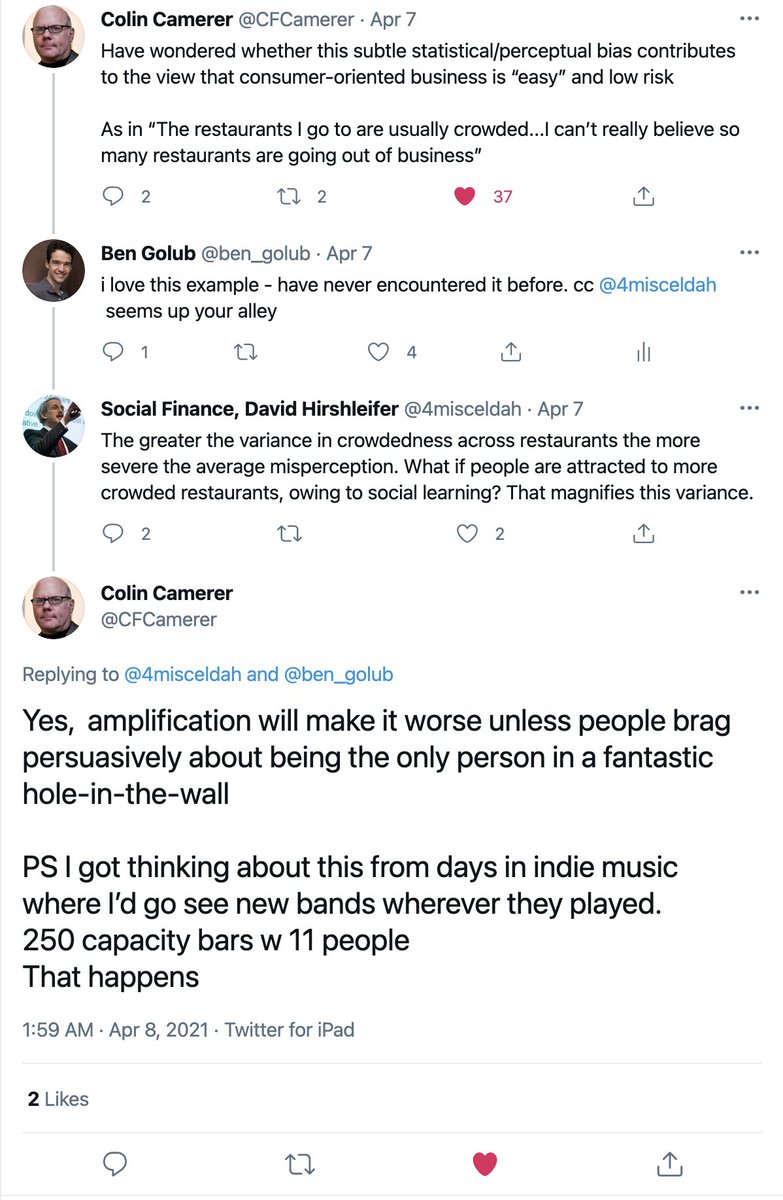 For what it's worth, though, I'd never thought properly about either the restaurant or music examples until  @CFCamerer's and  @4misceldah's comments - right-tail gems hidden in comment threads.13/13