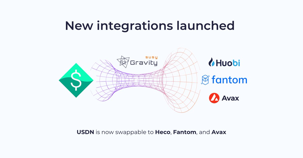ProtocolGravity's tweet image. New integrations are now available in the Gravity network: SuSy now enables swapping of @neutrino_proto's $USDN for $HECO (by @HECO_Chain), $AVAX (by @avalancheavax) and $FTM (by @Fantom)! 

Try out the new swap options here: susy.gravity.tech