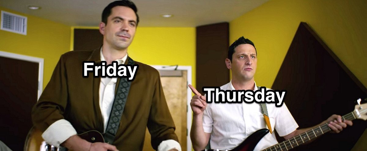 “Start of the weekend” as in me or “start of the weekend” as in him?