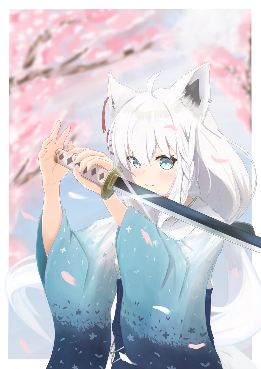 shirakami fubuki 1girl animal ears weapon fox ears sword white hair hair between eyes  illustration images