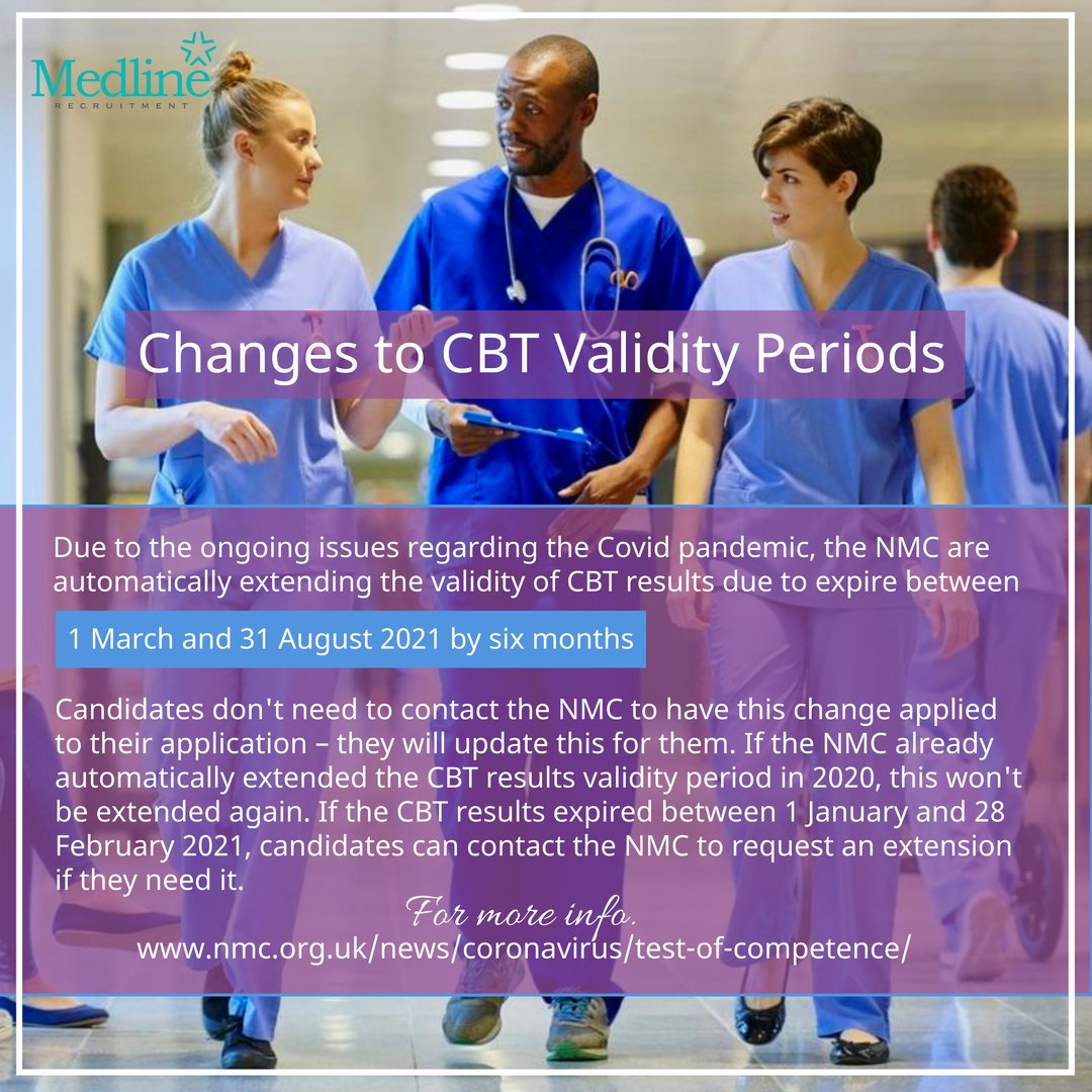 MedlineRecruit's tweet image. Changes to CBT validity periods!
Due to the ongoing issues regarding the Covid pandemic, the NMC is automatically extending the validity of CBT results due to expire between 1 March &amp;amp;31 August 2021 by six months.
For more info. nmc.org.uk/news/coronavir…
#NMCguidelines #ukjobs #cbt