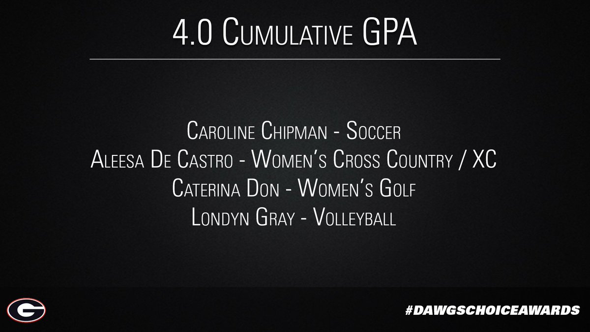 TheGeorgiaWay's tweet photo. The Student-Athletes with a 4.0 Cumulative GPA are: Caroline Chipman, Aleesa De Castro, Caterina Don &amp; Londyn Gray. #DawgsChoiceAwards @UGASoccer @aleesadecastro @UGATrack @DonCaterina @UGAWomensGolf @londynjgray @UGAVolleyball https://t.co/htZjuIc3QN