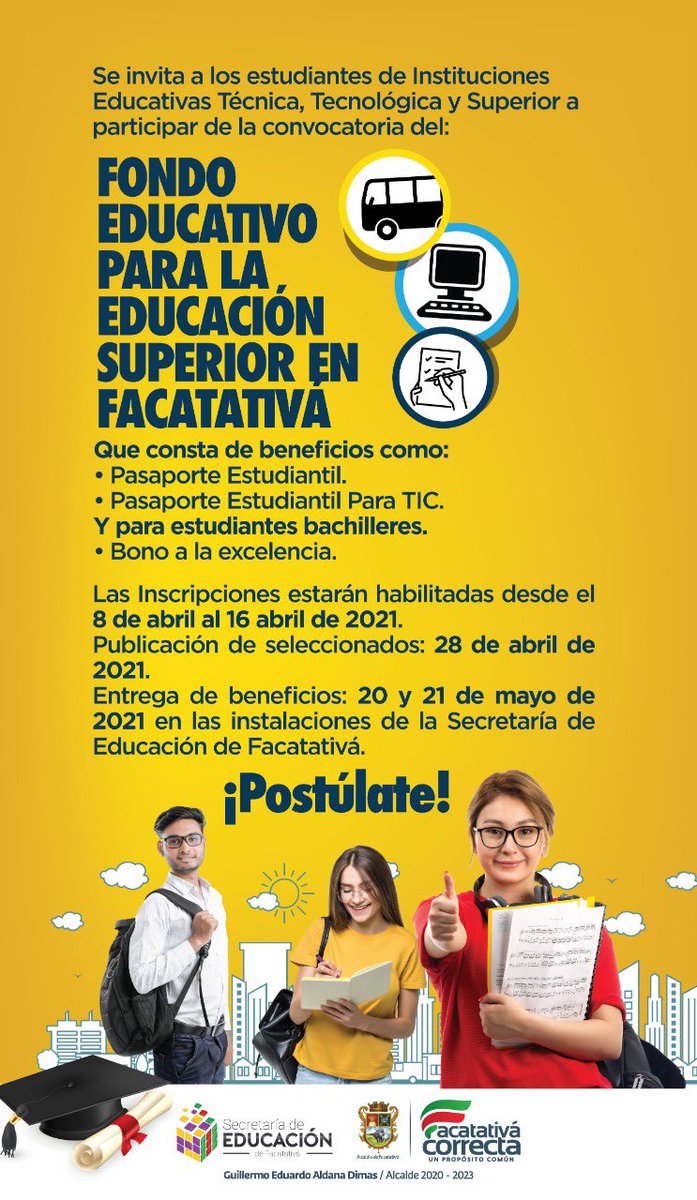 Desde hoy 8 de Abril 2021 estarán abiertas las inscripciones del Fondo Educativo para la educación superior. Entra nuestra página web sedfacatativa.gov.co en últimas noticias se encontrarán los requisitos junto al formulario de inscripción.