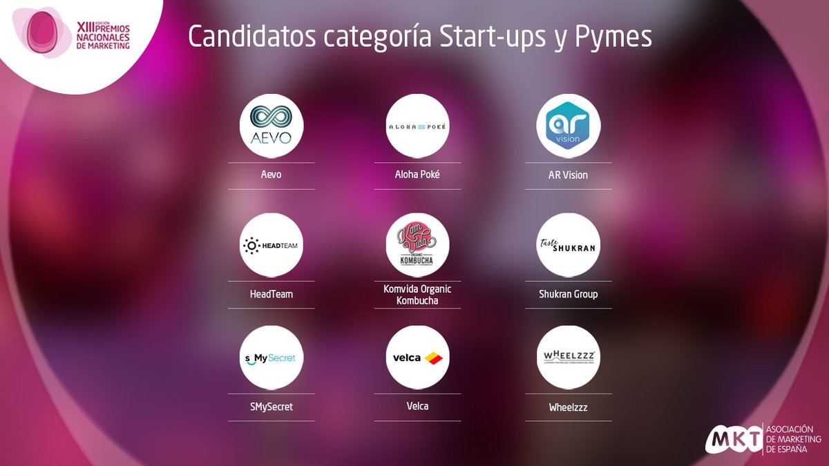 Las marcas que conforman la Lista Larga de los #PremiosMKT en la categoría #Startups y #Pymes son:

<a href="/AEVOValles/">AEVO Vallés</a>🔹#AlohaPoké🔹<a href="/Arvision_es/">AR Vision</a>🔹#HeadTeam🔹#KomVida🔹@Taste_Shukran🔹<a href="/Smysecret/">Smysecret</a>🔹<a href="/Velcamotor/">Velca</a>🔹<a href="/WWheelzzz/">We are Wheelzzz®</a>