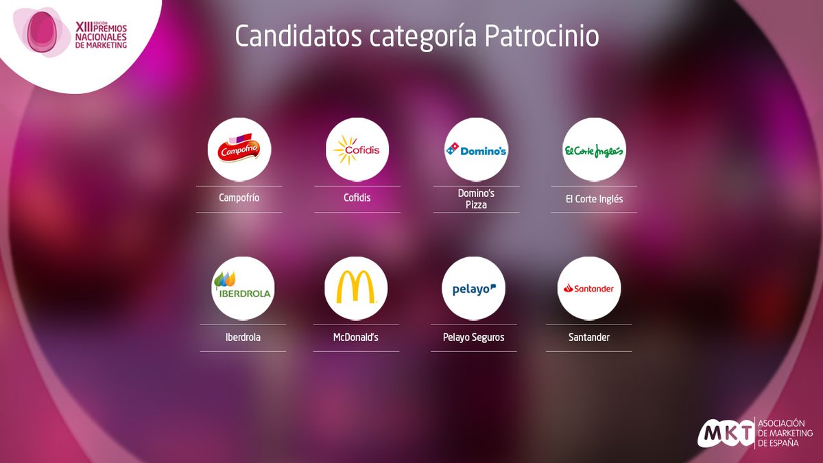 Para finalizar, las marcas que conforman la Lista Larga de la XIII edición de los #PremiosMKT en la nueva categoría de #Patrocinio son:

<a href="/Campofrio_es/">Campofrío España</a>🔹<a href="/ciclistacofidis/">Cofidis Likes Ciclismo</a>🔹<a href="/dominos/">Domino's Pizza</a>🔹<a href="/elcorteingles/">El Corte Inglés</a>🔹<a href="/elcorteingles/">El Corte Inglés</a>🔹<a href="/mcdonalds_es/">McDonald's España</a>🔹<a href="/Pelayo_Seguros/">Pelayo Seguros</a>🔹<a href="/santander_es/">Santander España</a>