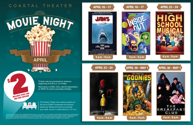 Movies at the Coastal Theater this weekend: "Jaws" and "Inside Out"; 6pm and 9pm, Friday and Saturday; $2 + one free popcorn <a href="/CCU_RHA/">CCU RHA</a> <a href="/NrhhC/">NRHH_CCU</a> <a href="/CINOCARD/">CINO Card Office</a>