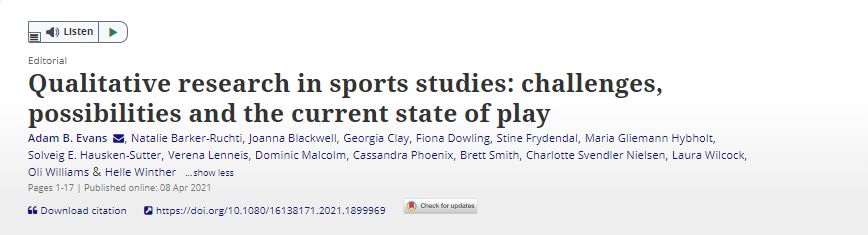 AdEvansSport's tweet photo. Our new @EJSS_EASS Editorial is now out, entitled:

'Qualitative research in sports studies: challenges, possibilities and the current state of play'

Open access and available here: https://t.co/EN4x56JmPX https://t.co/3ZSyL7IcMU