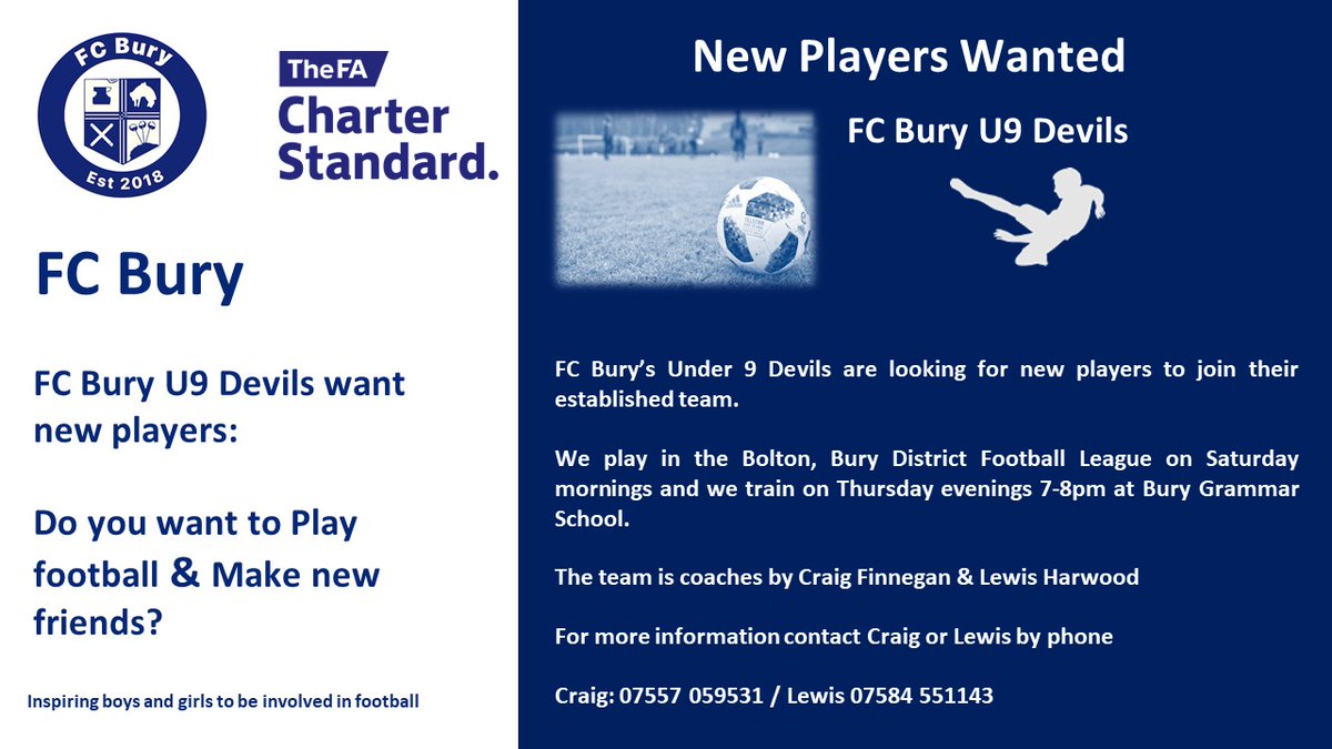 FC Bury (@fcburyofficial) on Twitter photo ⚽ Our Under 9's Devils are in need of players. Get in touch if you're interested! See the flyer below for more information 👇
#grassrootsfootball <a href="/OfficialBBDFL/">Bolton, Bury & District Football League</a> <a href="/WazzaBarlow/">Warren Barlow QPM</a> <a href="/LancashireFA/">Lancashire FA</a> @FootballGrf ⚽ Our Under 9's Devils are in need of players. Get in touch if you're interested! See the flyer below for more information 👇
#grassrootsfootball <a href="/OfficialBBDFL/">Bolton, Bury & District Football League</a> <a href="/WazzaBarlow/">Warren Barlow QPM</a> <a href="/LancashireFA/">Lancashire FA</a> @FootballGrf