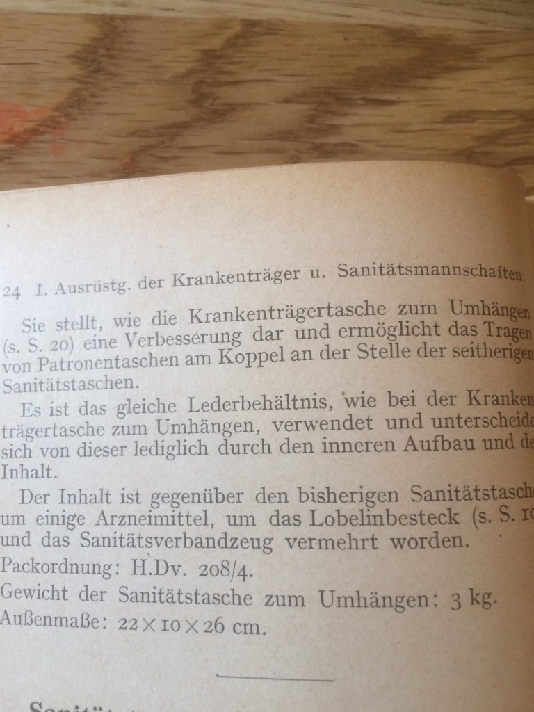 So in 1942, the introduction of the Sanitätstasche zum Umhängen (shoulderbag) was introduced. This enabled the transfer of the medical kit from belt to shoulder to allow ammo pouches to be worn on the belt. See pic 2 & 3 for source/explanation. 10)