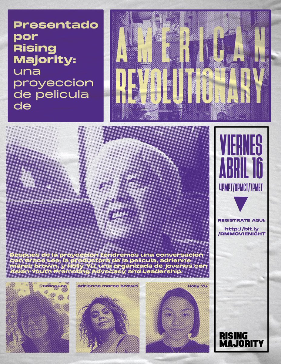 rising_majority's tweet photo. We invite you to a screening of American Revolutionary, the documentary film on the life of Grace Lee Boggs on April 16th @7pm EST. Plus a panel discussion afterward w/ Grace Lee (the film creator),@adriennemaree, and Holly Yu of @AYPAL #TheFreedomSide 

https://t.co/yN08wGdPk6 https://t.co/Ui0etQGSga