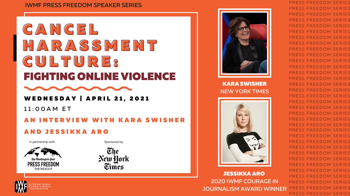 Our next Press Freedom Speaker Series event is coming up on Wednesday, April 21! Join us and <a href="/wppressfreedom/">Washington Post Press Freedom Partnership</a> for a conversation between <a href="/karaswisher/">Kara Swisher</a> and Courage Awardee <a href="/JessikkaAro/">Jessikka Aro 🦄</a> on the dangers online abuse poses to #pressfreedom. 

Register now! bit.ly/IWMF-PFSS0421