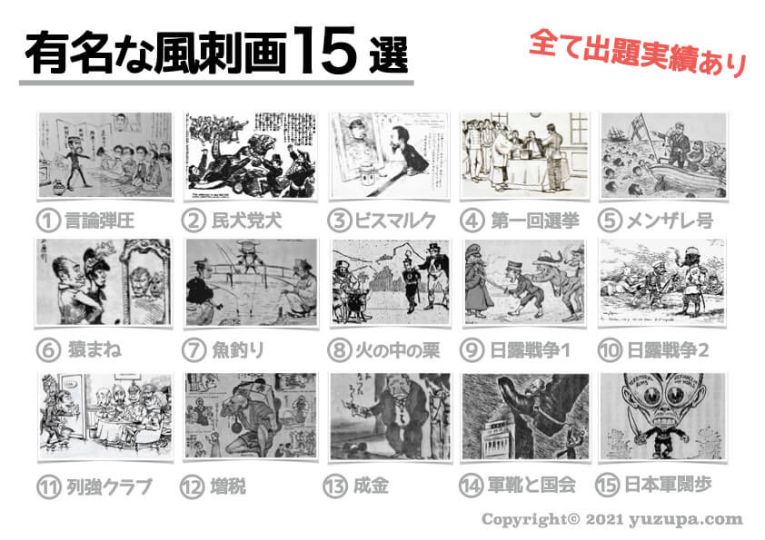 ゆずぱ 受験で出題される 風刺画１５選 歴史の教科書の登場する風刺画 必ず何かを皮肉ってます 皮肉はその世の中に対する 批判や問題提起です 入試では時代背景を問われます 受験で出る この１５作品を おさえましょう F 印刷用pdfも公開して