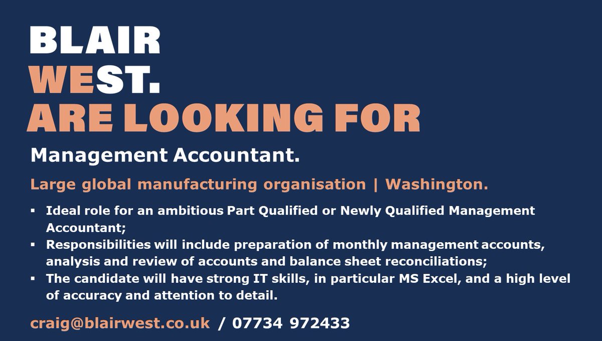 BlairWest are pleased to be working alongside a large global organisation with offices in the #NorthEast, to recruit a #ManagementAccountant.

Click here for more information - blairwest.co.uk/job/management…