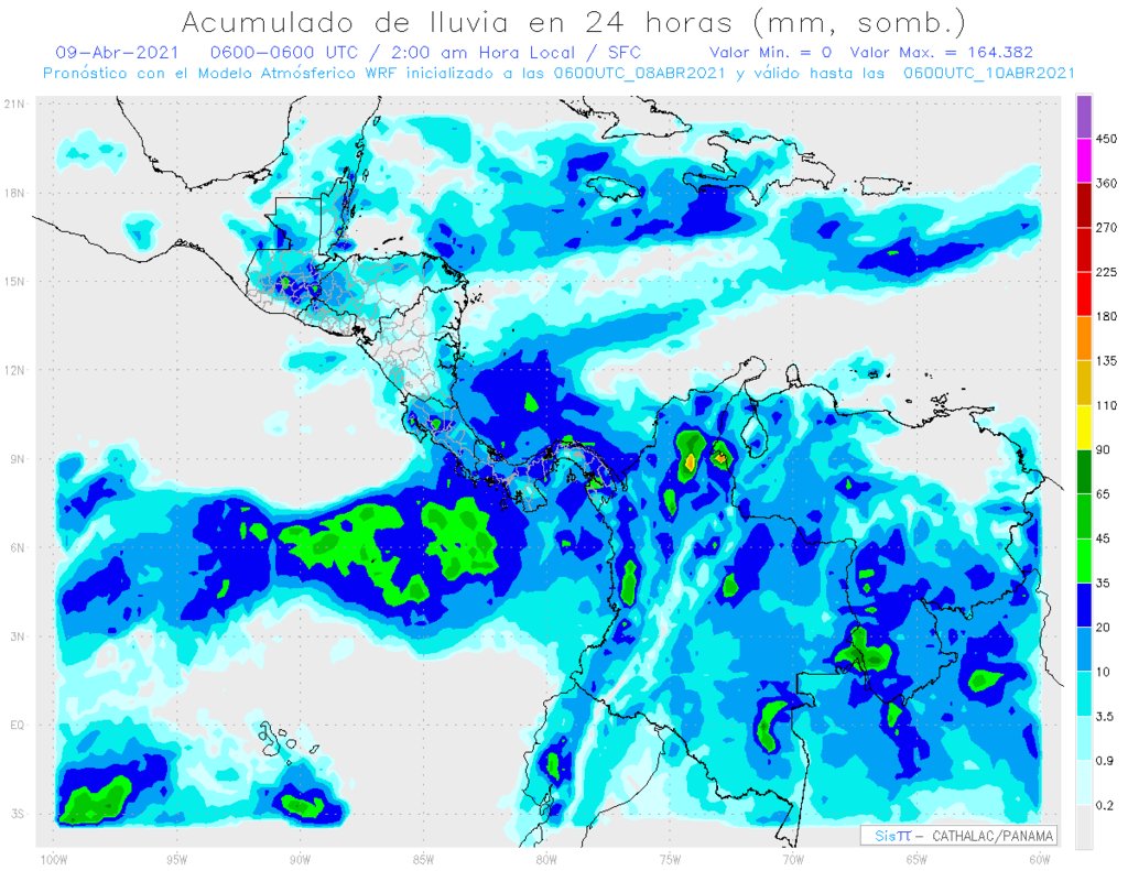 Pronóstico de acumulado de lluvias en 24 horas para Centroamérica, Caribe y parte de Sudamérica - bit.ly/2UJRjMM