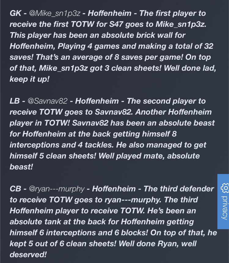 congrats to 3 of our players @Mike_sn1p3z <a href="/ryanmurphy2306/">ryan murphy</a> <a href="/Savnav82/">Steve Savage</a> for ALL getting a TOTW! Keep it up lads 👌