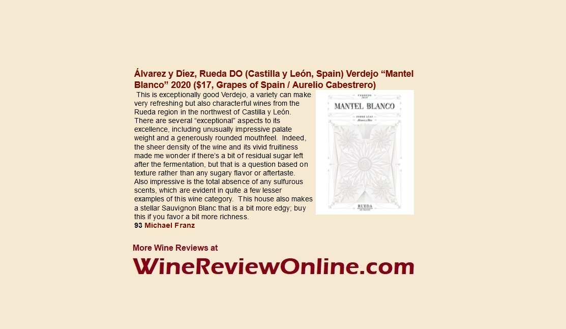WineReviewOnline.com (@winereviewonlin) on Twitter photo WineReviewOnline.com Featured #Wine Review:
@AlvarezYDiez 2020 “Mantel Blanco” Verdejo, Rueda DO, Spain (@GrapesOfSpain / Aurelio Cabestrero)
<a href="/Michael_Franz/">Michael Franz</a> 93 Points
"This is exceptionally good Verdejo, a variety can make very refreshing but also characterful wines..." WineReviewOnline.com Featured #Wine Review:
@AlvarezYDiez 2020 “Mantel Blanco” Verdejo, Rueda DO, Spain (@GrapesOfSpain / Aurelio Cabestrero)
<a href="/Michael_Franz/">Michael Franz</a> 93 Points
"This is exceptionally good Verdejo, a variety can make very refreshing but also characterful wines..."