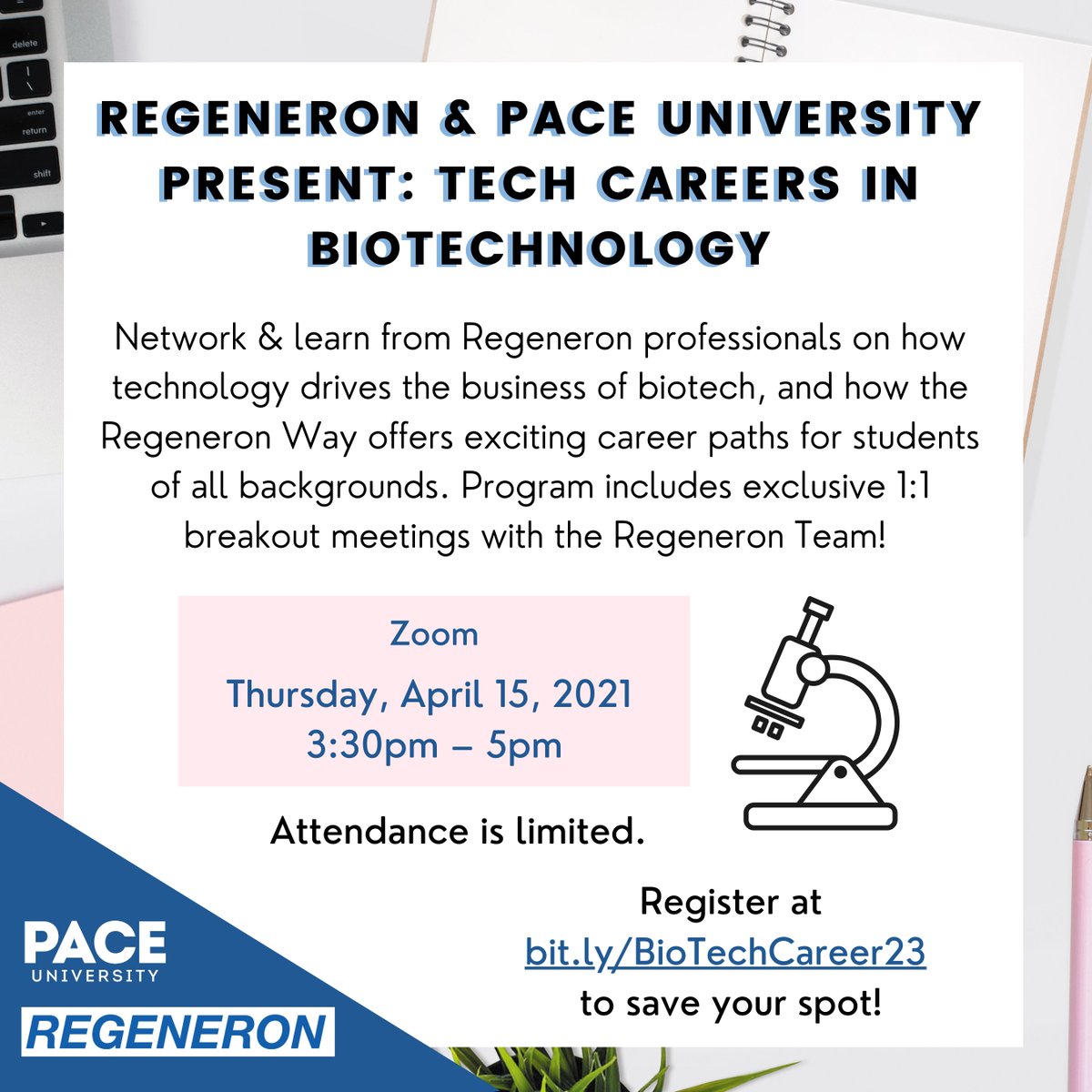 Join us on April 15th at 3:30pm for Regeneron &amp; Pace University’s presentation of Tech Careers in Biotechnology. Network and learn from Regeneron professionals on how tech drives the business of biotech! RSVP here: buff.ly/2GDxe1j