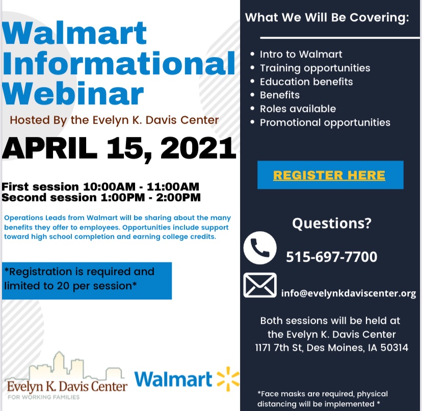 On April 15th, the Operations Leads from Walmart will be sharing about the many benefits they offer to employees. 

Registration is required and limited to 20 per session.
Learn more and register here: calendly.com/.../walmart-in…...