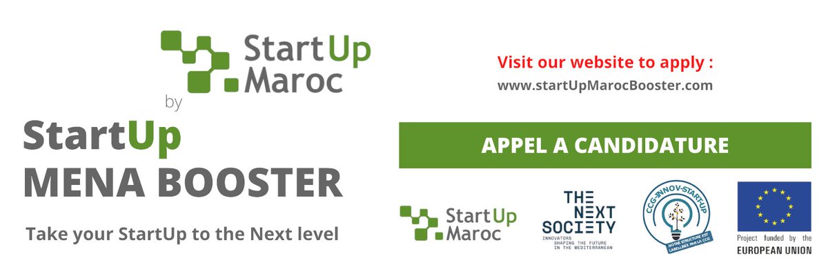 zineb_rh's tweet photo. @Startup_Morocco &amp; @TheNext_Society are calling entrepreneurs to join StartUp MENA Booster!

Target countries: #Algeria, #Egypt, #Jordan, #Lebanon, #Morocco, #Palestine #Tunisia.

Take your startup to the next level!
APPLY NOW: https://t.co/xP2TELHkjP https://t.co/KwEbCjjH44