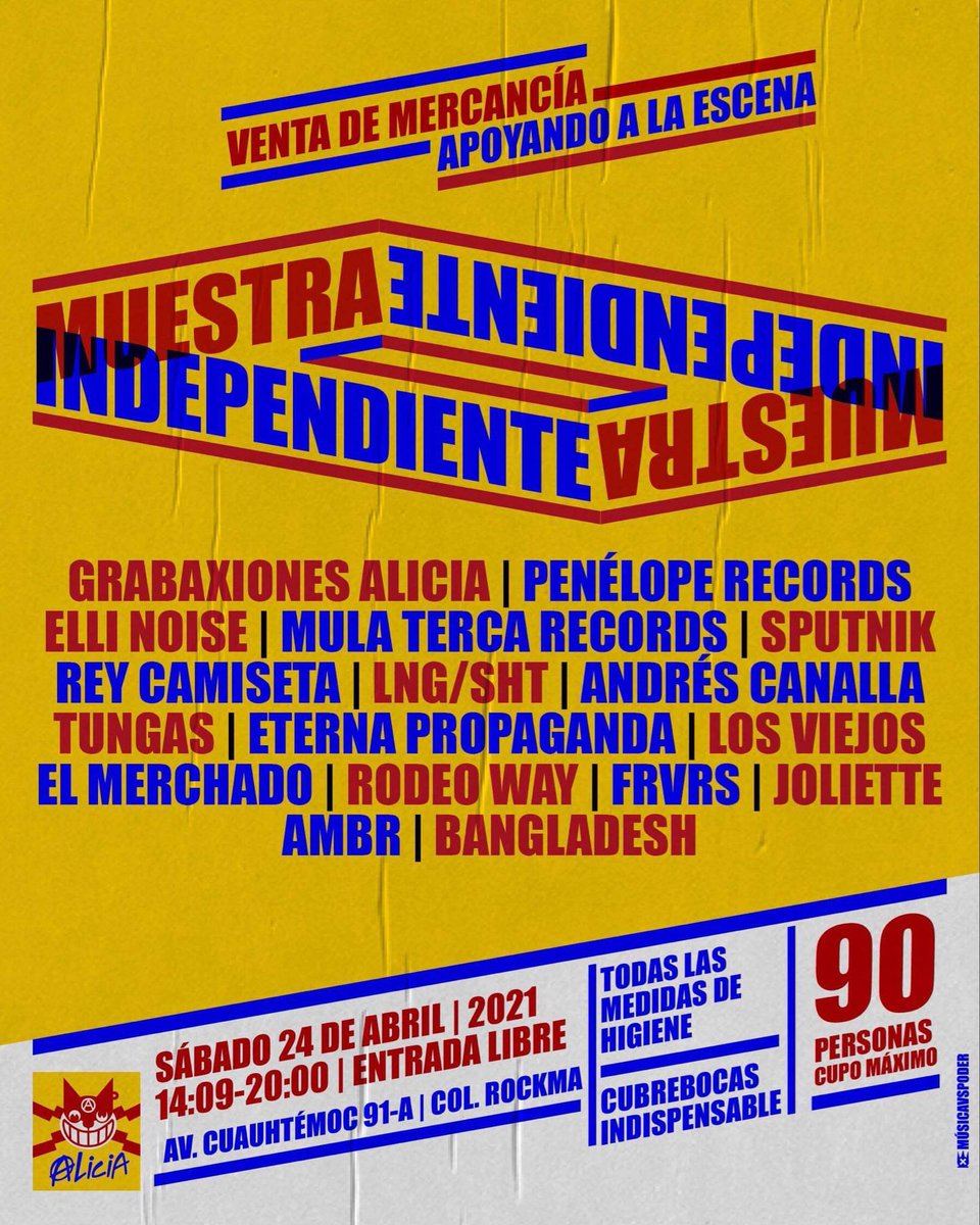 sonidos_alicia's tweet image. Muestra independiente
Venta de mercancía

Grabaxiones Alicia
Penélope Records
@ellinoiserock
@MulaTercaRecs
@Sputnikband
@reycamisetamx
@LngSHT
@elandrescanalla
Tungas
Eterna Propaganda
@Los_Viejos
El Merchado
@elrodeoway
@losfrvrs
@joliettemx
AMBR
@bangladeshmex

24/04/21