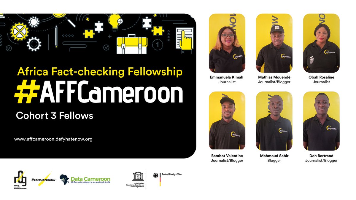 📢#AFFCameroon Fellows
It’s #ThrowBackThursday! We are happy to introduce our new team of #Factcheck-ers ready to counter online mis+disinformation. They undertook a 3-month training under #defyhatenow's Africa Fact Checking Fellowship⤵️
affcameroon.defyhatenow.org/fellows/

#HateFreeCameroon
