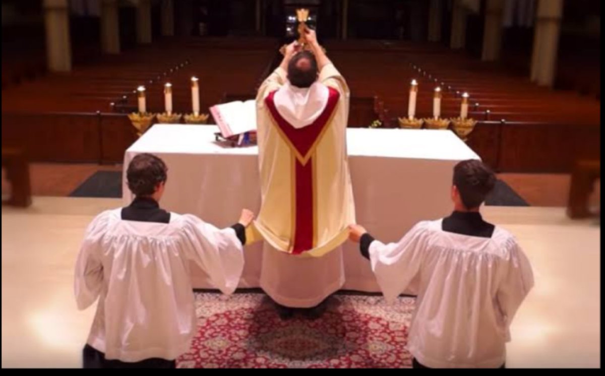 This one is an altar server doing exactly what the the 2 altar servers on 2nd frame are doing.. You must hold the Cassock when the priest is praying