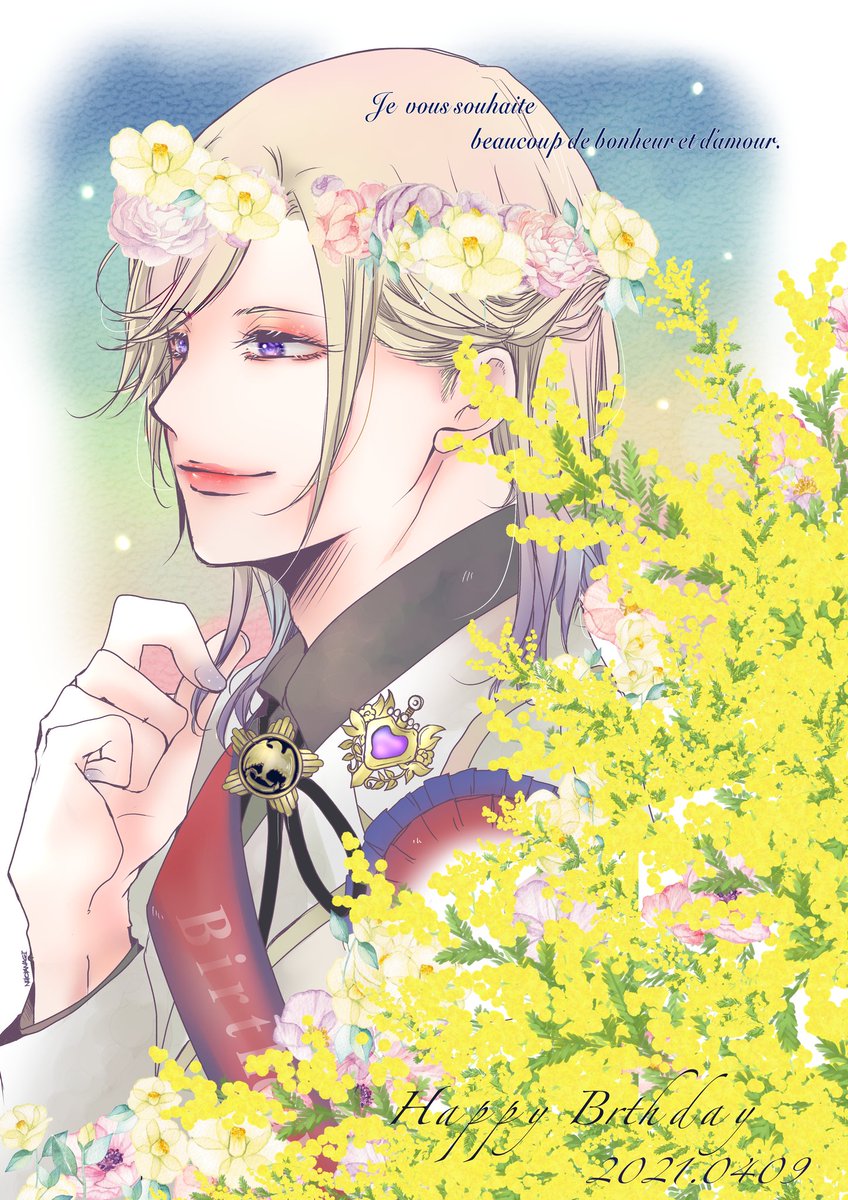 solo flower blonde hair head wreath purple eyes smile male focus  illustration images