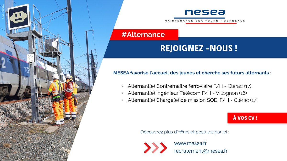 Vous cherchez un contrat en #alternance ? MESEA recrute des profils de Bac+2 à Bac+5. Pour rejoindre une entreprise à taille humaine et participer à notre mission de service public, rendez-vous ici : mesea.fr/carrieres/ 
<a href="/jbdelrue/">Jean-Bruno DELRUE</a> <a href="/LGVSEA_LISEA/">LISEA</a> <a href="/VINCIConcess/">VINCI Concessions</a> @SYSTRA_LTD